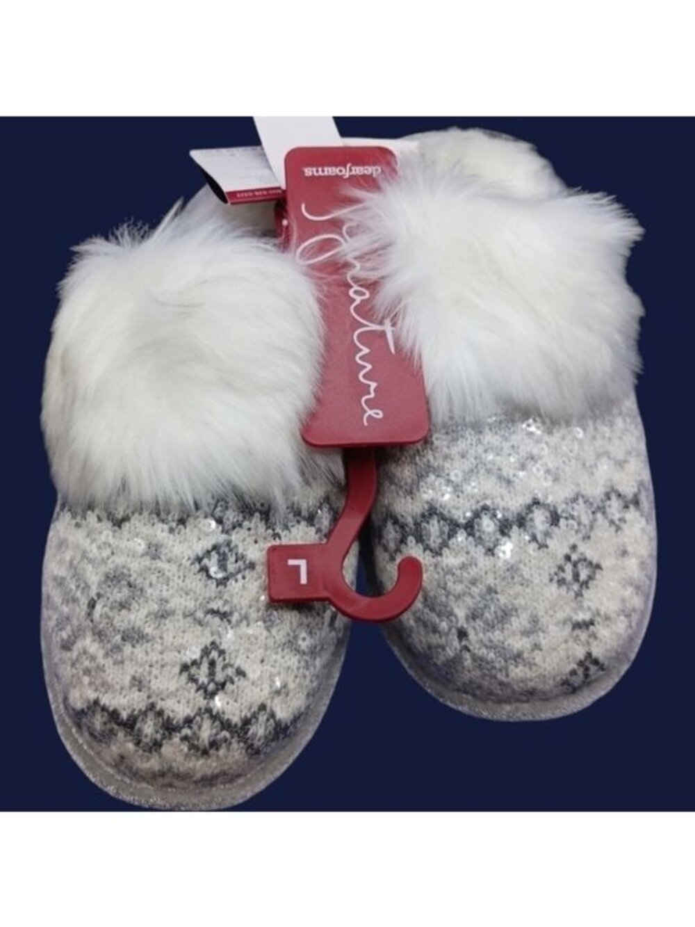 Dearfoams Fair Isle Knit Slippers Sequin White Faux Fur Trim Large 9-10 Gray